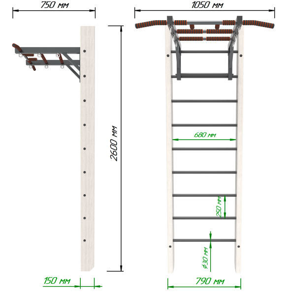 Брашированная шведская стенка "Кастерли" White с турником (Черные ступени)